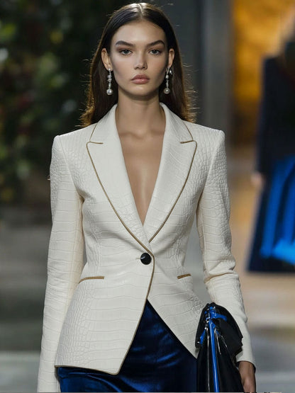 Blazer Blanc en Simili Cuir Crocodile avec Détails Dorés