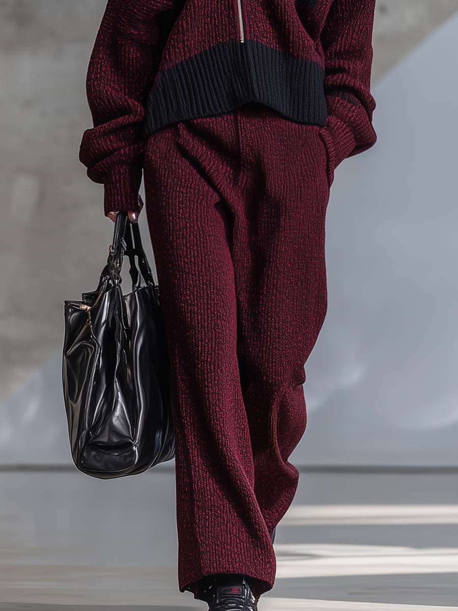 Ensemble Chic en Tricot Bordeaux avec Zip Avant et Col Off-Shoulder