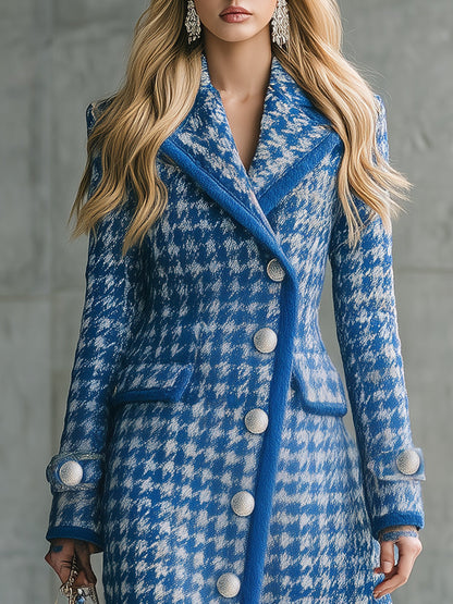 Veste Longue Houndstooth Bleu : Élégance Rétro pour l'Automne et l'Hiver
