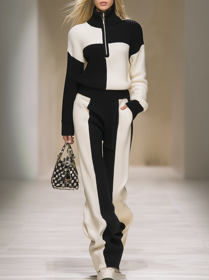 Ensemble Street Retro : Pull et Pantalon à Col Montant Zippé en Couleurs Contrastées