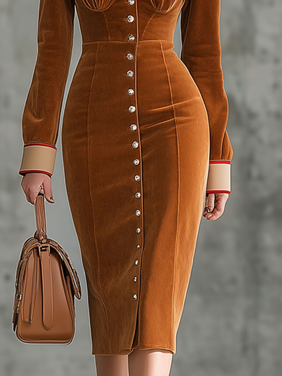 Robe Midi Vintage Élégante en Velours Caramel avec Détails en Similicuir