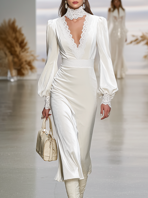 Robe Maxi en Velours avec Manches Lanternes et Élégante Dentelle Rétro