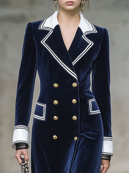 Robe Midi en Velours Marine à Volants avec Détails Écrus