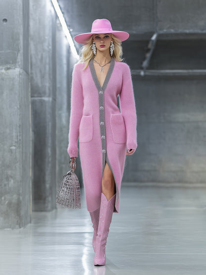 Classique et Tendance : Cardigan Long en Mohair Rose avec Détails Grisés