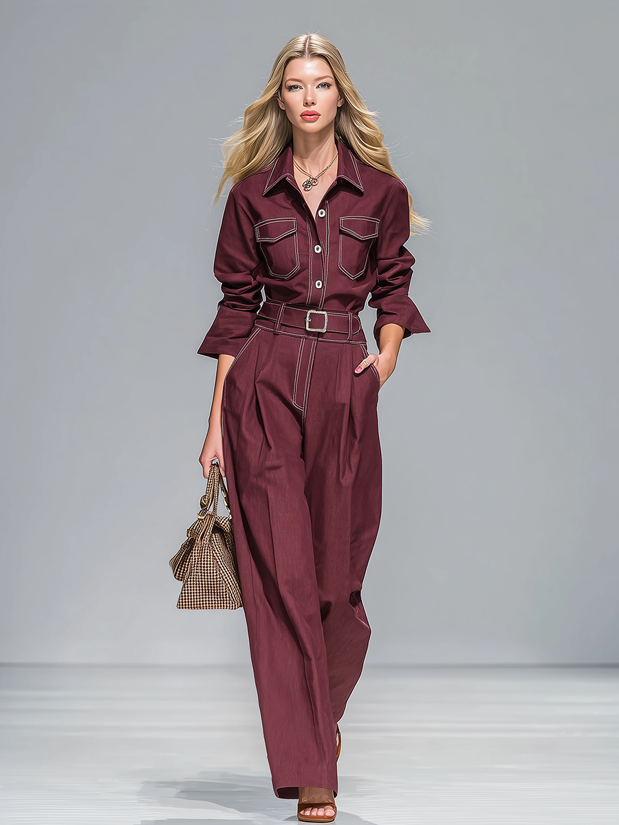 Ensemble Vintage : Chemise à Revers et Pantalon à Couture Contrastée