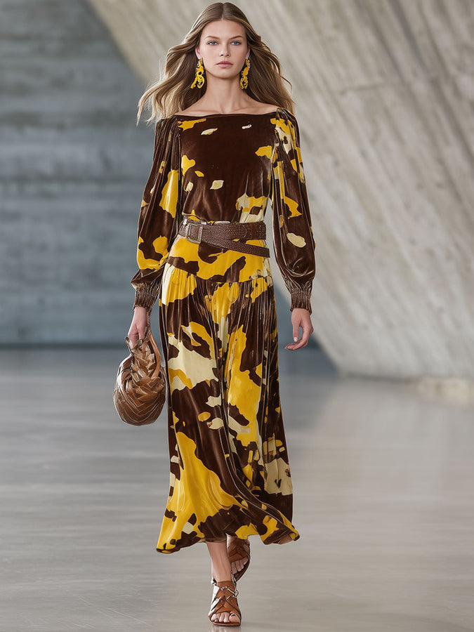 Robe Midi Longue en Velours Marron à Manches Longues avec Motif Vache Vintage