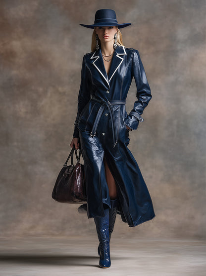 Veste Longue en PU Marine avec Ourlet Contrasté au Style Rétro et Tendance