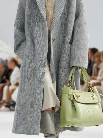 Veste à Capuche Chic en Mélange de Laine Herringbone Gris Clair