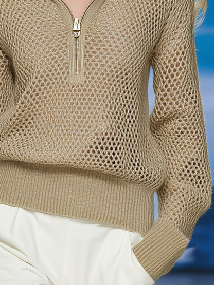 Chic et Décontracté : Pull Khaki à Demi-Zip Aéré