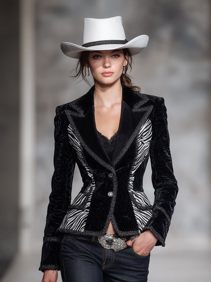 Veste en Velours Noir à Imprimé Zebra Patchwork avec Boutons