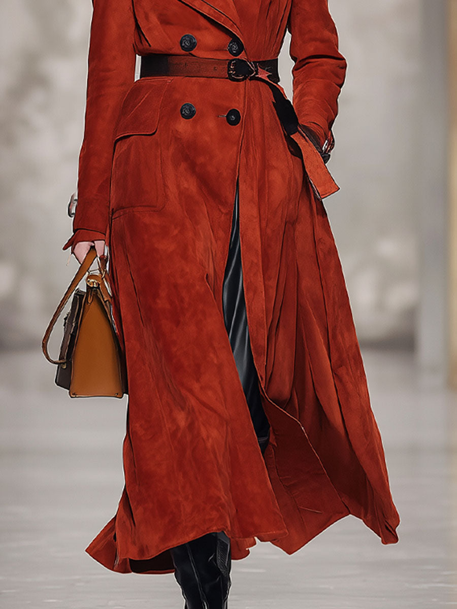 Trench en faux suède à double boutonnage avec poches doubles et silhouette oversized