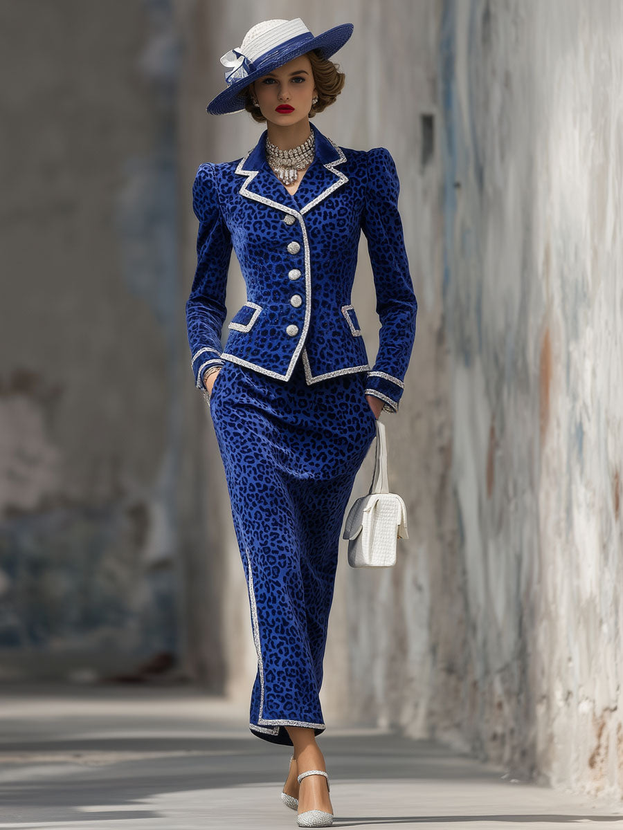 Veste Chic et Jupe en Velours Léopard avec Revers Élégants et Fermeture à Bouton
