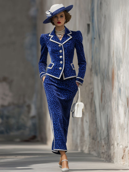 Veste Chic et Jupe en Velours Léopard avec Revers Élégants et Fermeture à Bouton