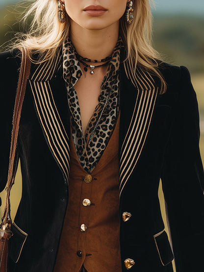 Blazer Noir en Suède Synthétique avec Rayures Western Vintage