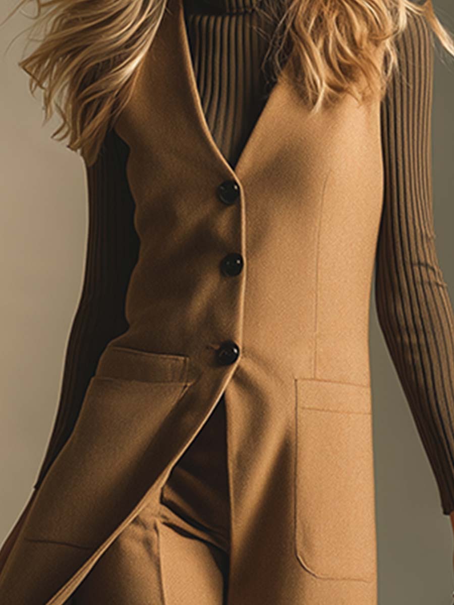 Élégant Gilet Long en Laine Camel avec Col V
