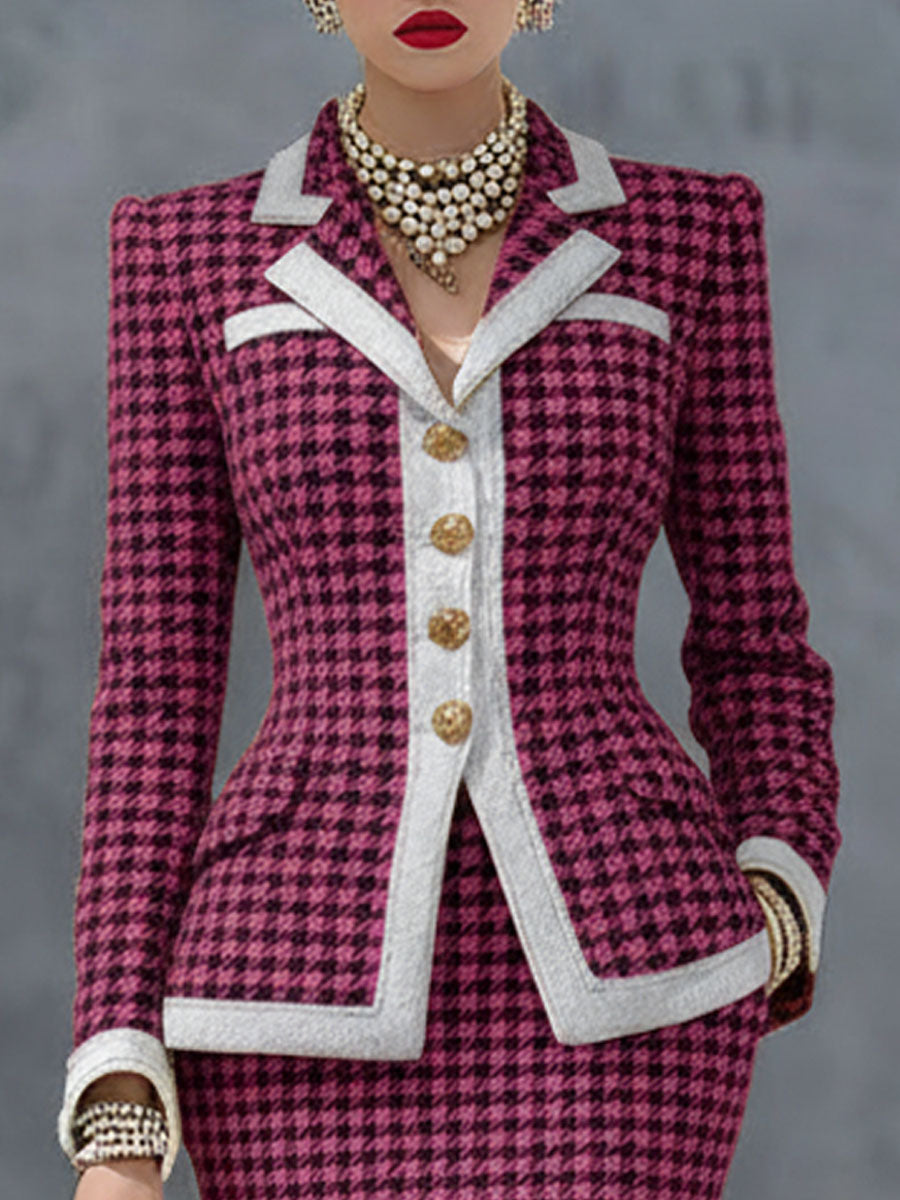 Élégant Ensemble Blazer et Jupe en Houndstooth