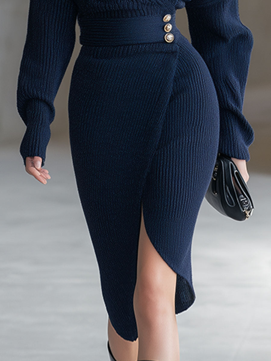 Élégante Robe Midi V-Neck en Tricot Bleu Marine