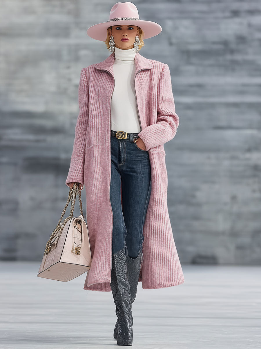 Cardigan Zippé Rose Rétro en Tricot