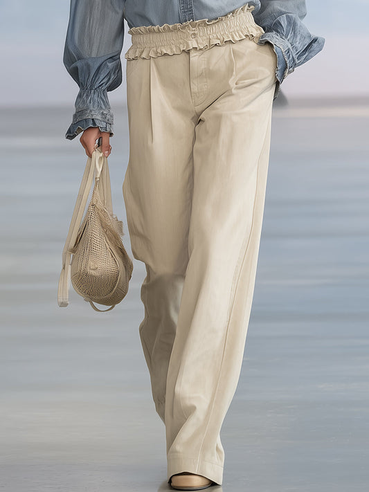 Chic Khaki Wide-Leg Casual Pants with Flounce