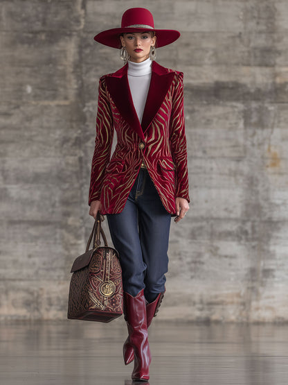 Veste Rétro en Velours Rouge avec Motif Zèbre Doré