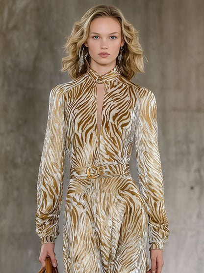 Robe Midi Velours Champagne à Manches Longues - Élégance Rétro avec Motif Zèbre