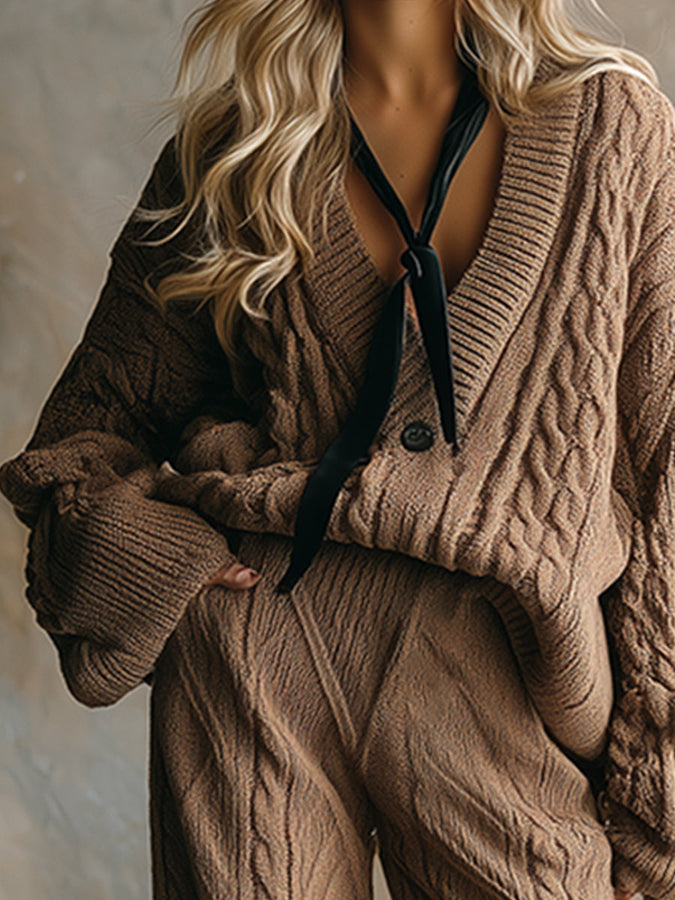 Ensemble Décontracté en Tricot Torsadé Marron avec Pantalon à Jambes Larges