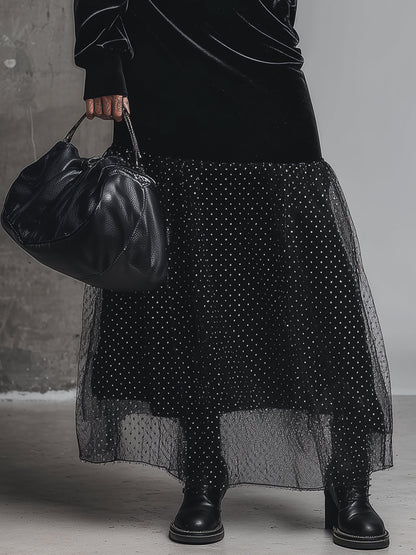 Robe Maxi en Velours Noir à Pois avec Col Mi-Haut Évasé