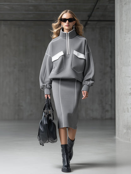 Ensemble Sportif Élégant : Sweat-shirt et Jupe Zippée Demi-Haute en Blanc et Gris