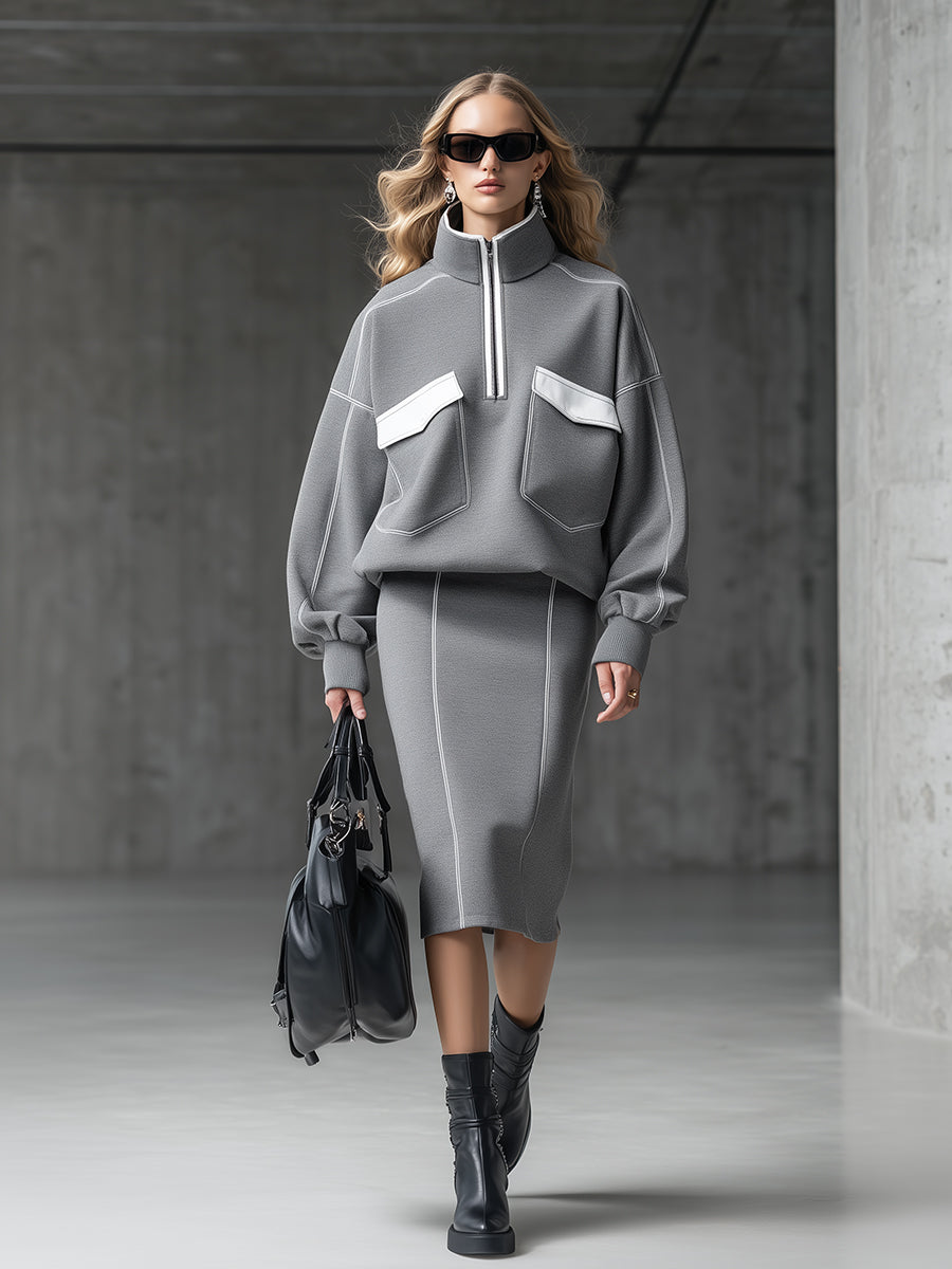 Ensemble Sportif Premium en Blanc et Gris avec Sweat-shirt Zippé à Col Demi-Large