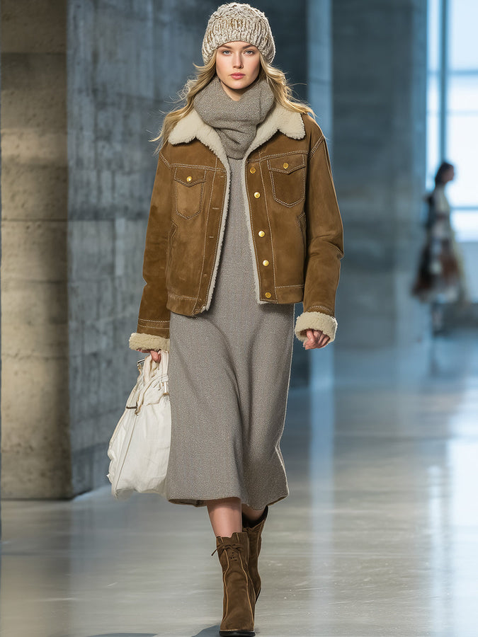 Veste Vintage en Similicuir Brun avec Revers
