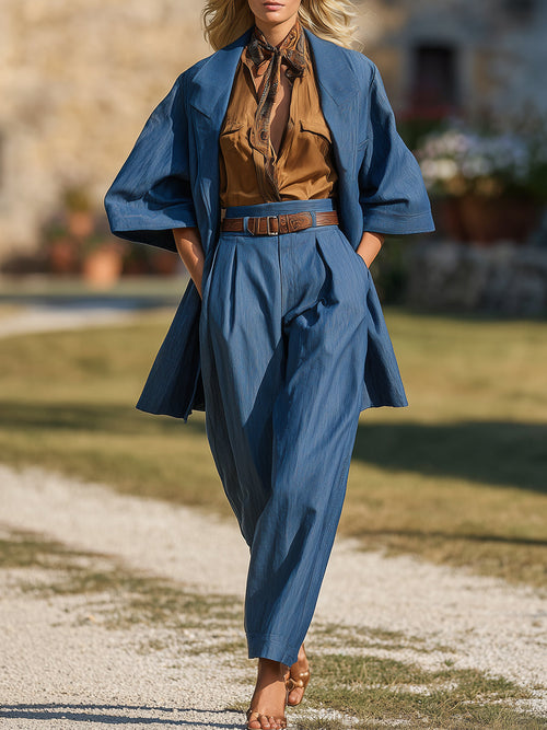 Veste en Jean Western Élégante avec Pantalons Carottes Chic