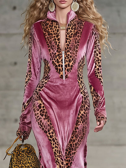 Robe Maxi Sport en Velours Rouge Rose avec Imprimé Léopard Vintage