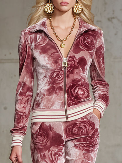 Ensemble Chic en Velours Imprimé Rose : Top à Zip et Pantalon Coordonné