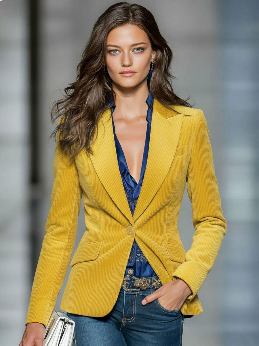 Veste Vintage en Velours Côtelé à Un Bouton