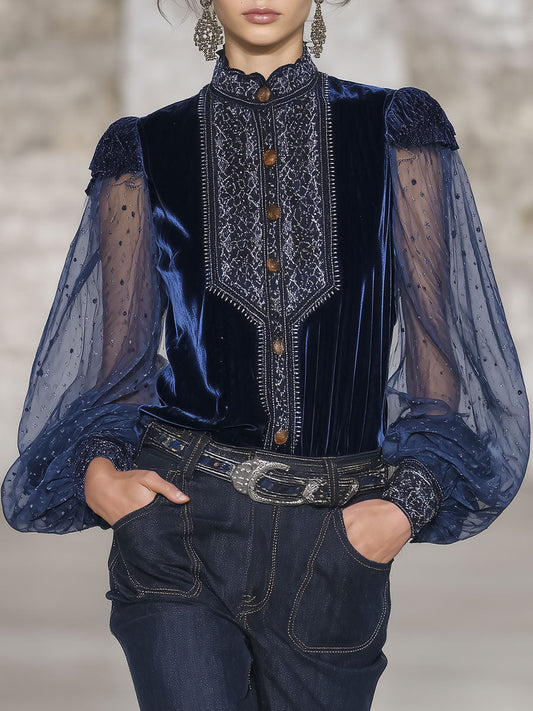 Chemise en Velours Bleu Rétro à Col Montant Luxe avec Manches Longues en Organza