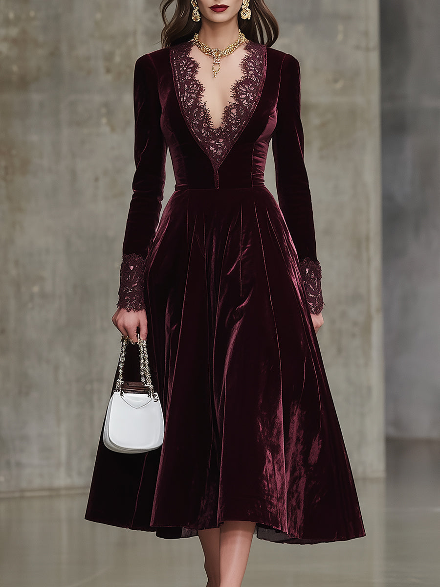 Robe Midi en Velours Rouge Angora à Manches et Col Dentelé