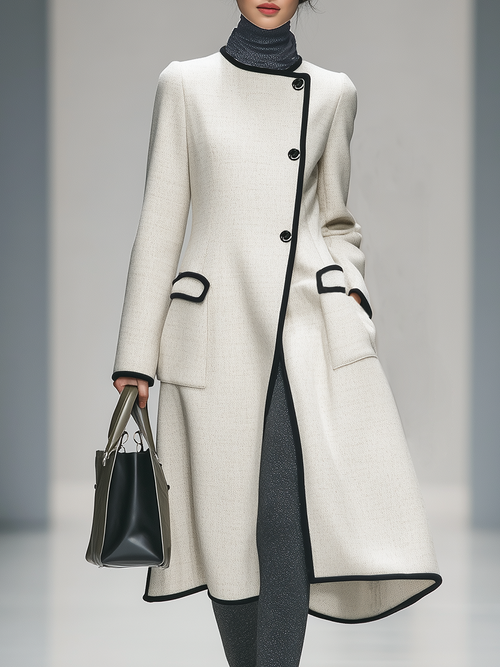 Veste Rétro Élégante à Col Rond et Manches Longues avec Détails Contrastants