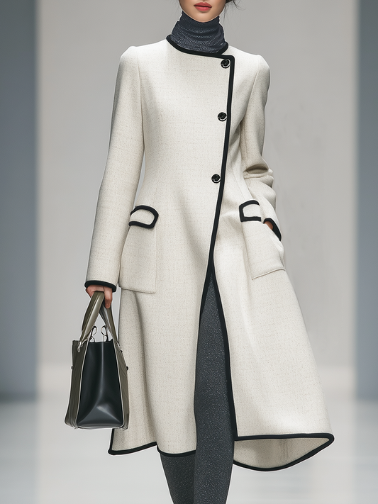 Veste Rétro Élégante à Col Rond et Manches Longues avec Détails Contrastants