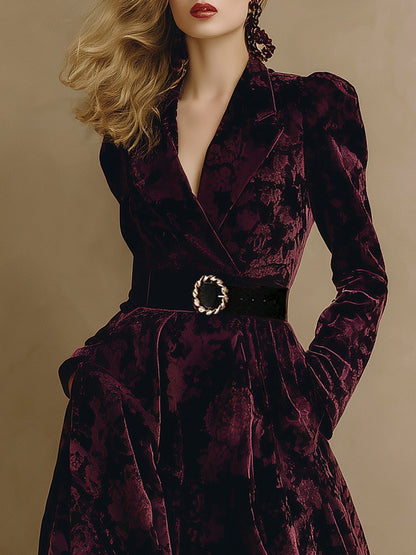 Robe Maxi en Velours Jacquard Bordeaux Élégante