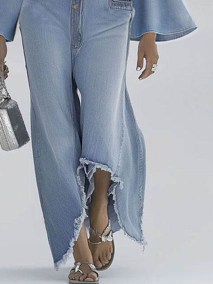 Salopette Vintage en Denim Bleu Clair à Jambes Évasées et Manches Longues Effilées