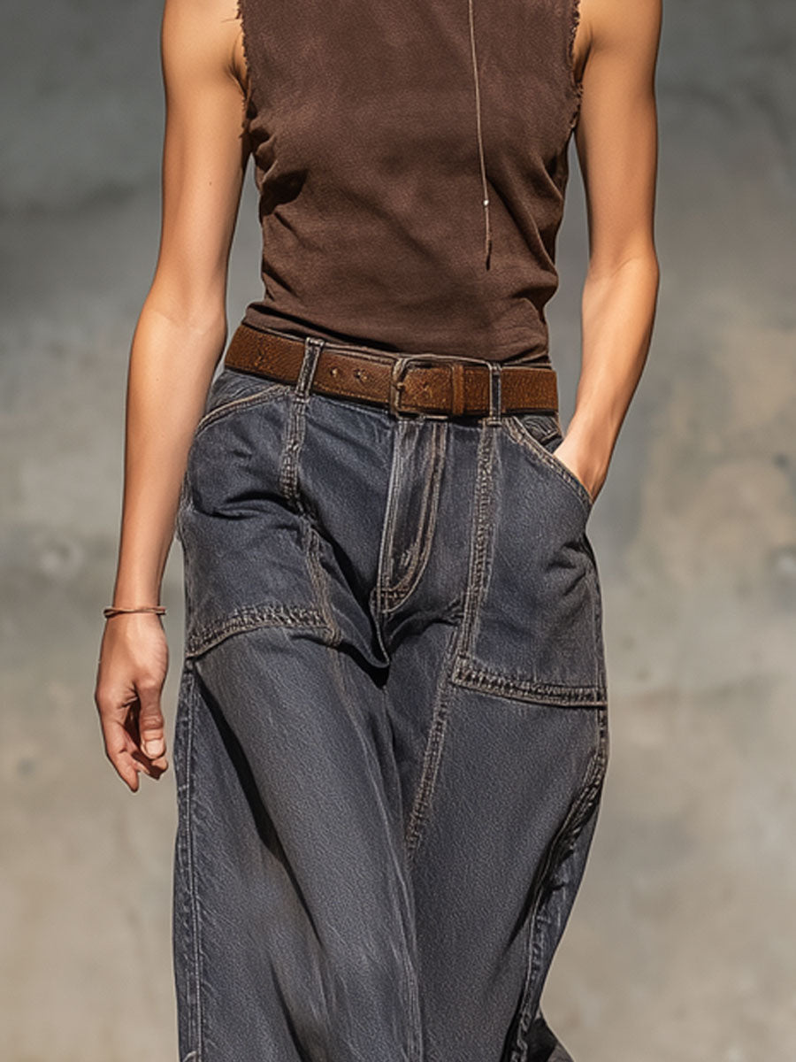 Expédition rapide : Jeans larges en denim vintage gris foncé avec bords bruts