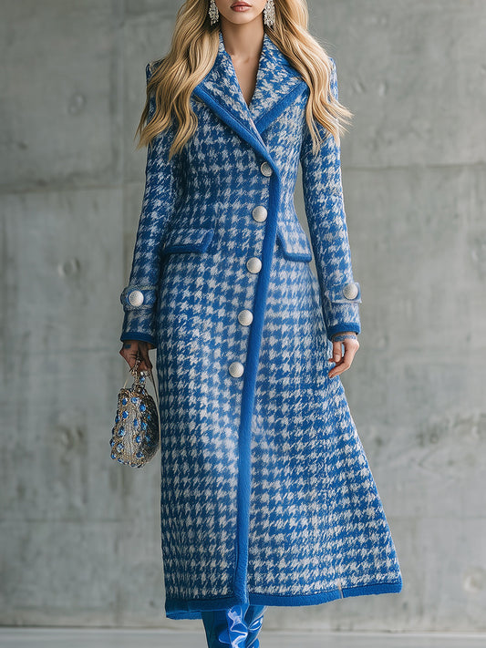 Chic Long Houndstooth Coat in Retro Blue
