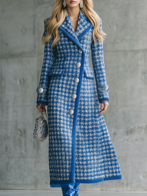 Veste Longue Houndstooth Bleu : Élégance Rétro pour l'Automne et l'Hiver