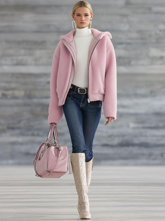 Veste Polaire Rétro à Capuche Zippée Rose