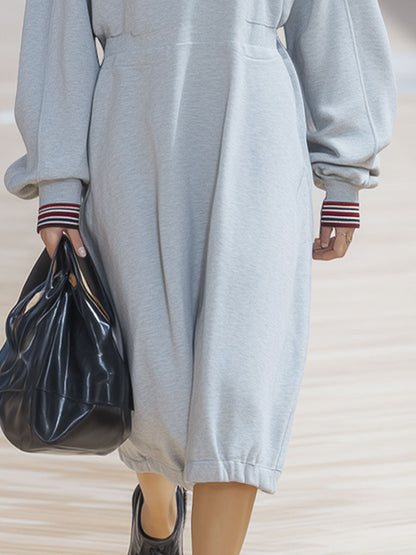 Robe Midi Décontractée Rayée Gris Clair à Manches Longues