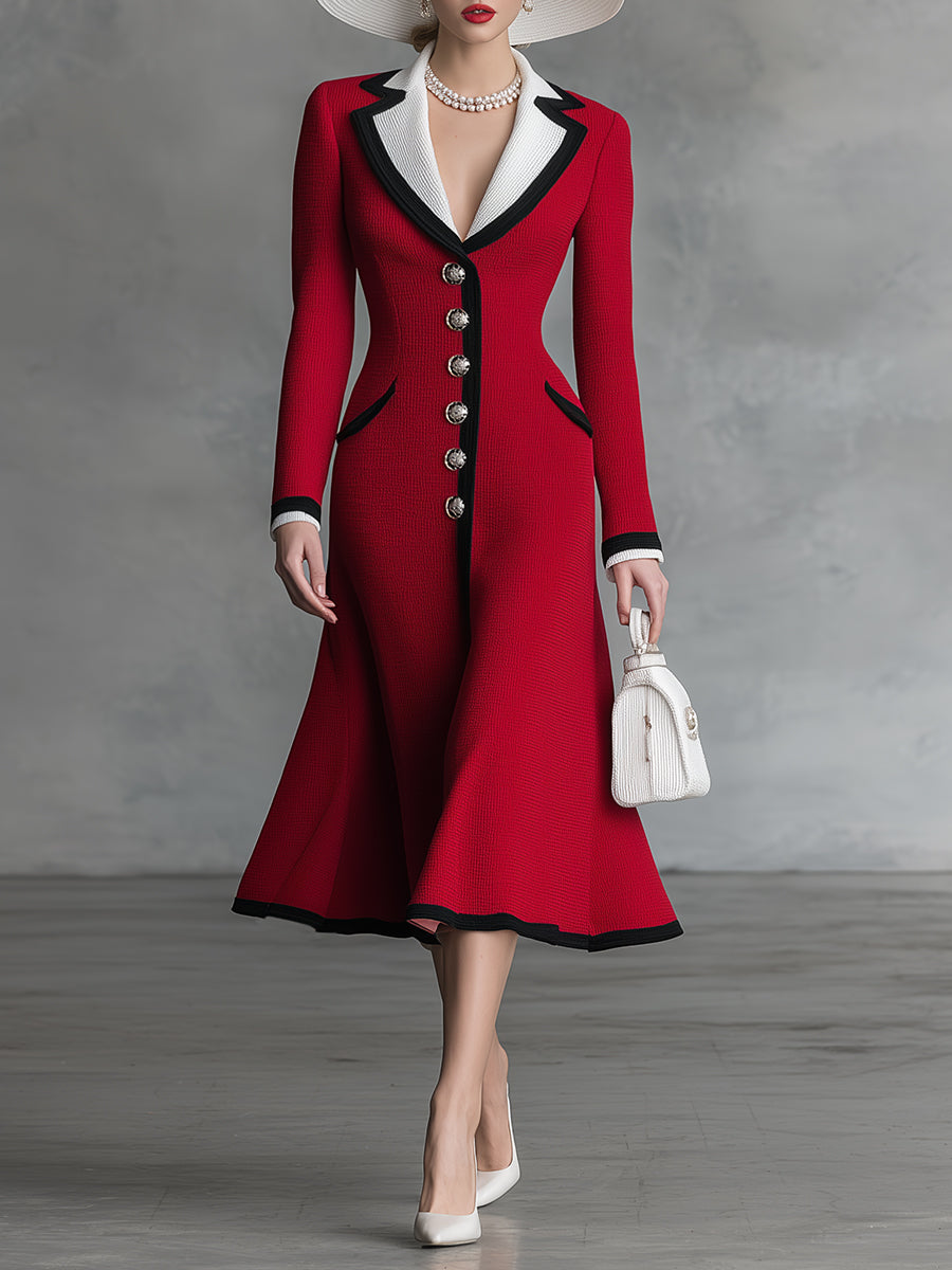 Robe Midi Rouge en Tricot A-ligne : Élégance et Romance avec Col Revers