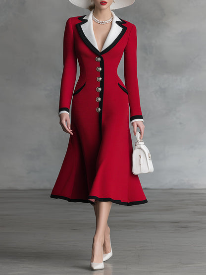 Robe Midi Rouge Tricotée A-Line avec Col Chic et Romantique