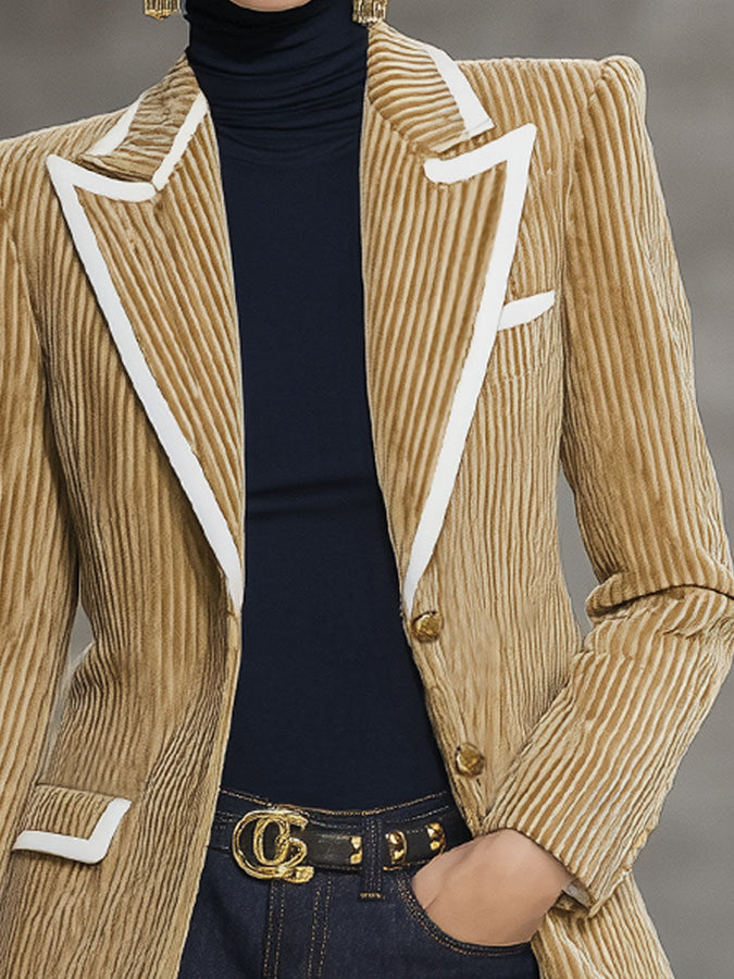 Veste en Velours Rayé à Bord Contrasté Chic