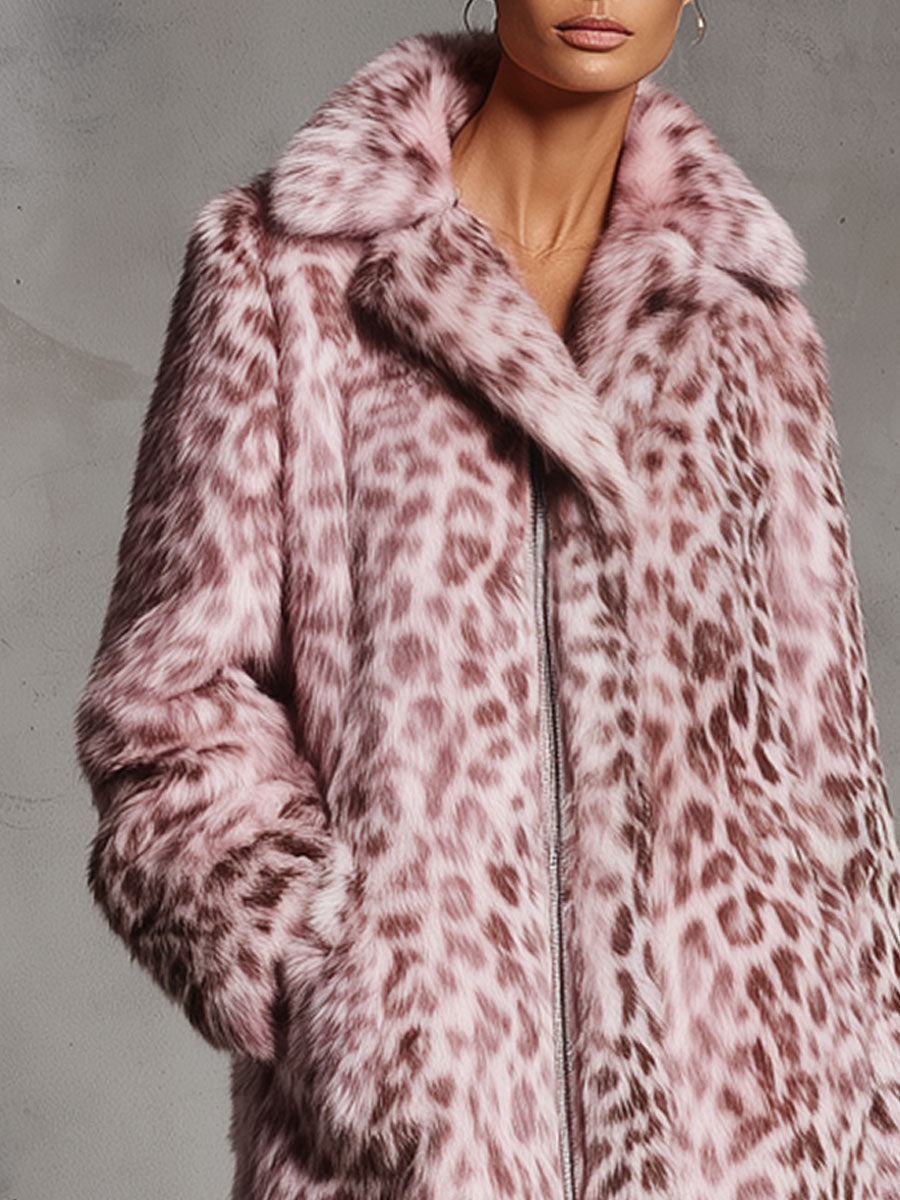 Veste en fausse fourrure léopard rose avec poches zippées - Style rétro décontracté