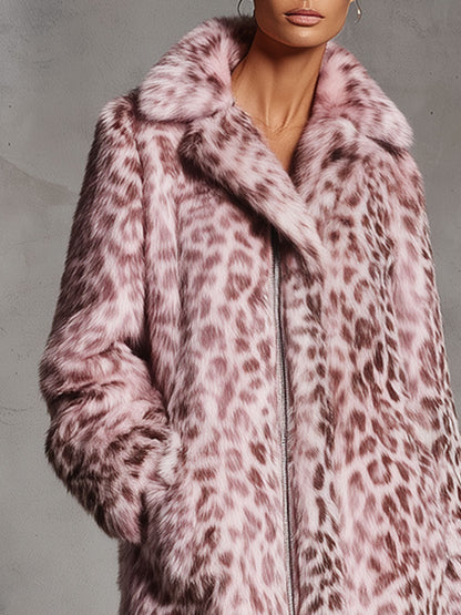 Veste en fausse fourrure léopard rose avec poches zippées - Style rétro décontracté